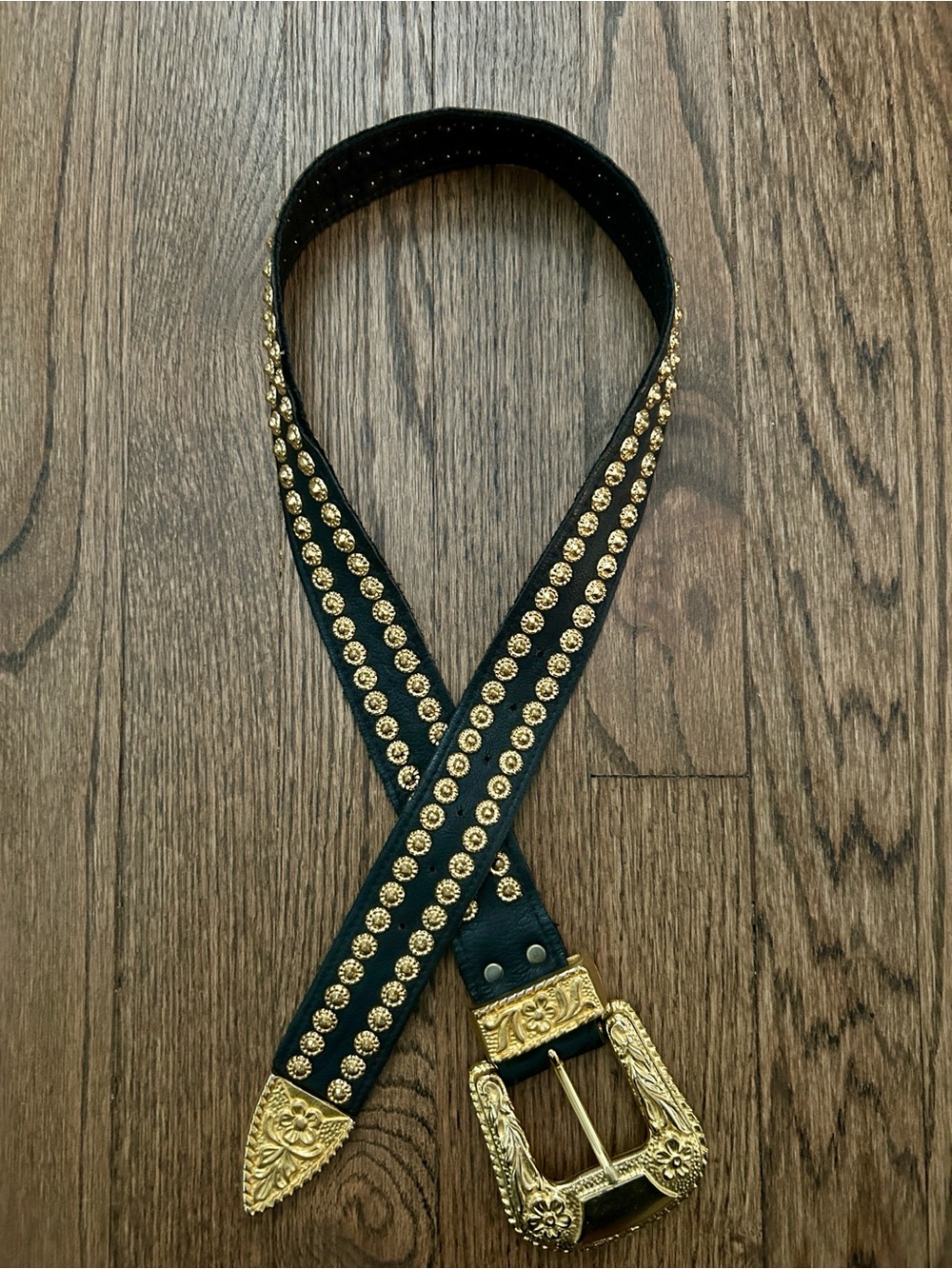 Sand Castle Black and Gold Studded Leather Belt